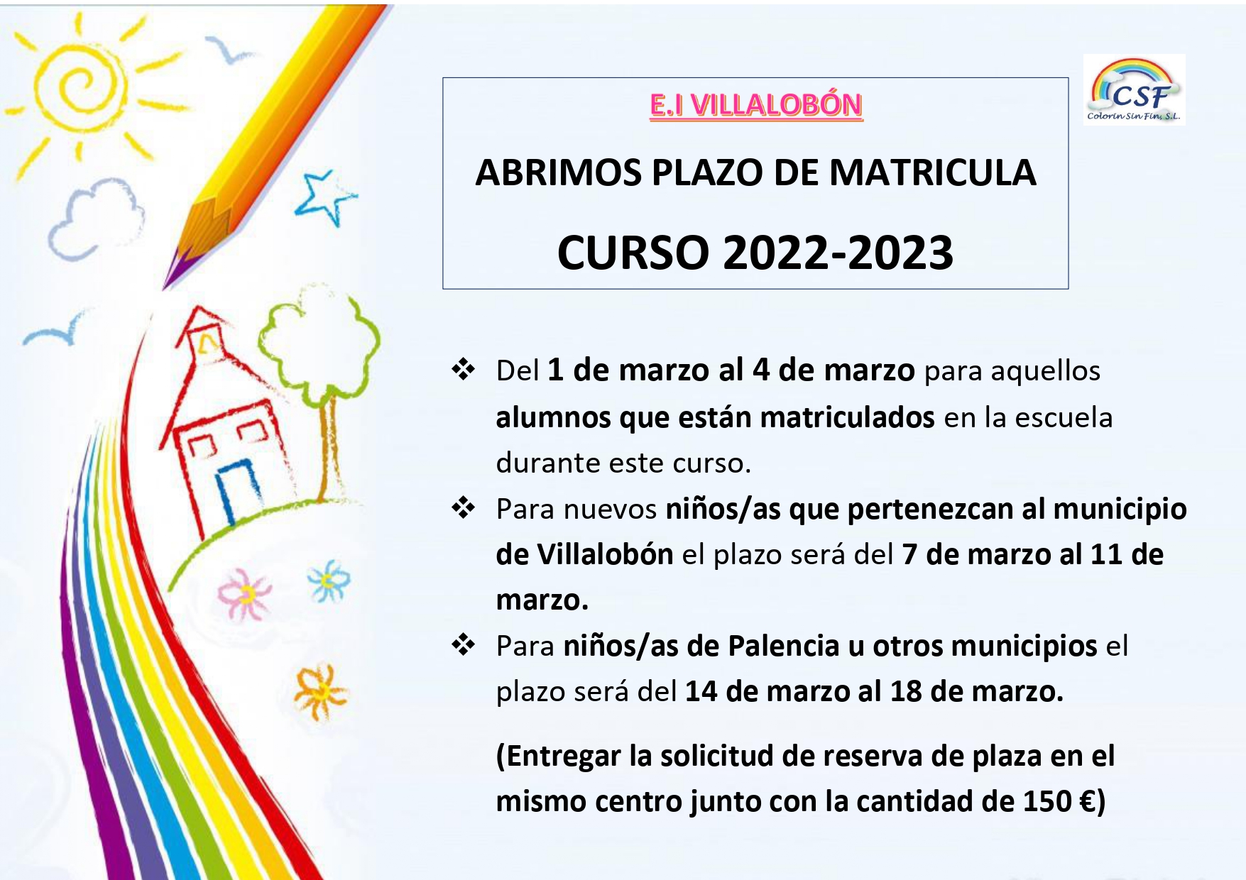 APERTURA PLAZO MATRICULA ESCUELA INFANTIL 2022-2023