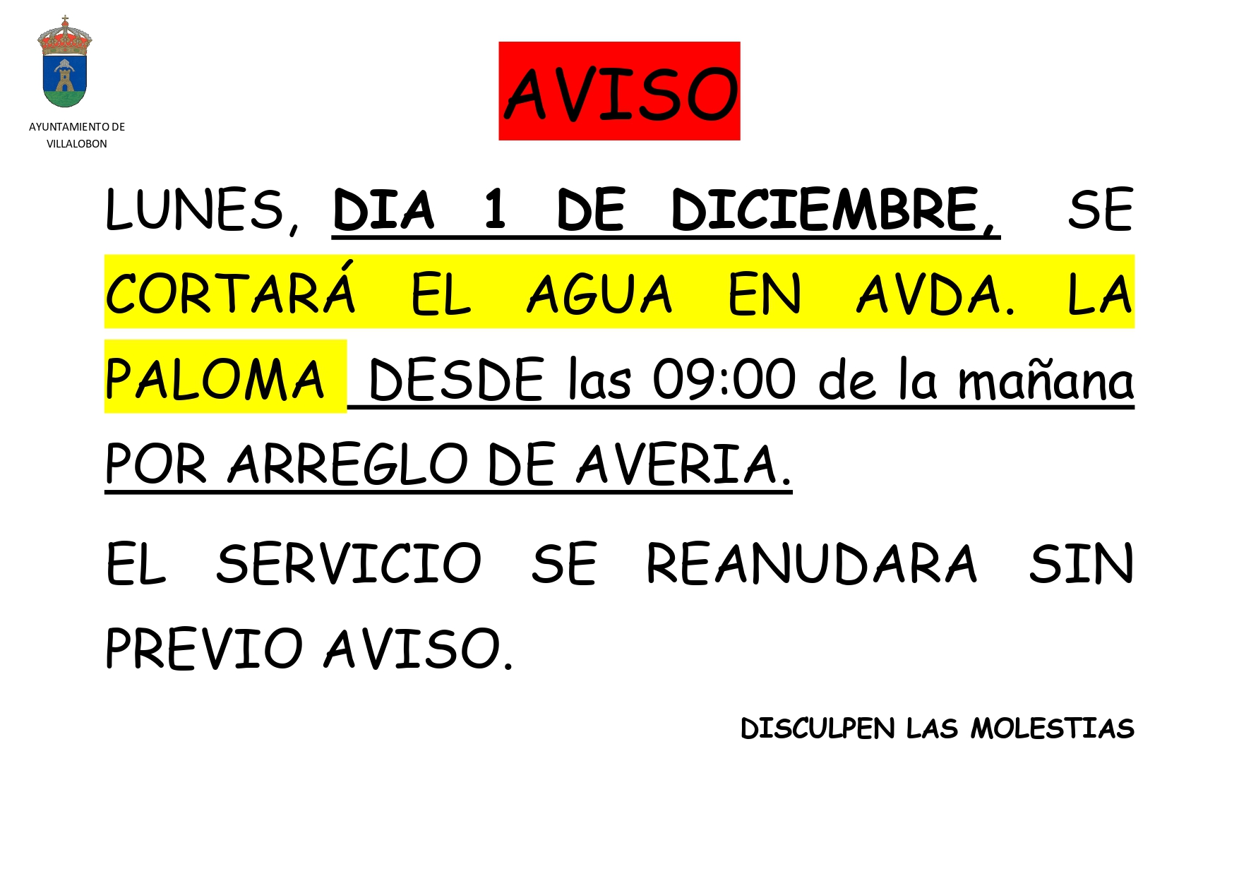 CORTE DE AGUA EN URB. LA PALOMA. 1 DE DICIEMBRE 2025