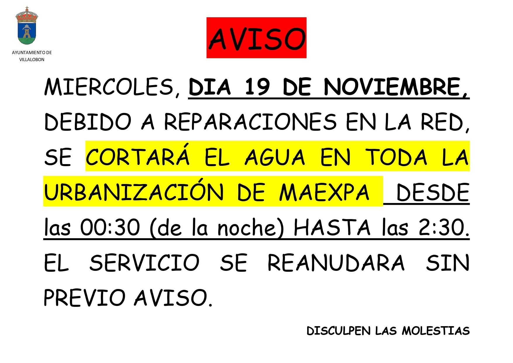 CORTE DE AGUA EN URBANIZACION MAEXPA.